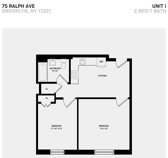 Floor plan for 2 beds, 1 bath, 556 sqft
